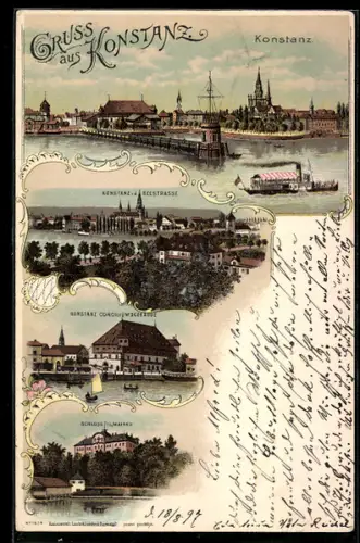 Lithographie Konstanz, Dampferpartie mit Stadtpanorama, Schloss Mainau & Conciliumsgebäude