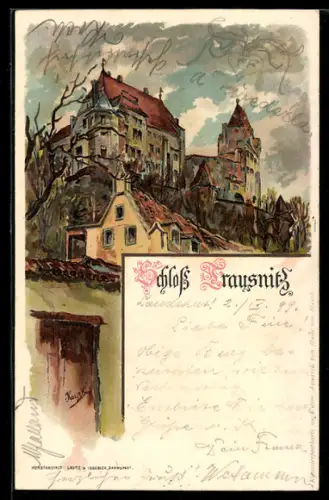 Lithographie Landshut, Blick auf Schloss Trausnitz