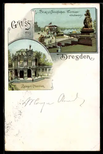 Lithographie Dresden, Blick von der Brühl`schen Terrasse, Zwinger-Pavillon