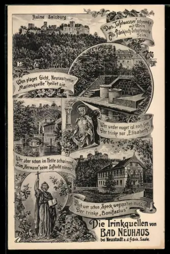AK Bad Neuhaus, Ruine Salzburg, Kurhaus und Spruchbänder