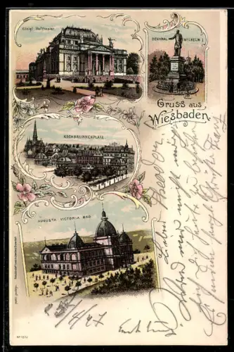 Lithographie Wiesbaden, Hoftheater, Kochbrunnenplatz, Augusta Victoria Bad, Denkmal Wilhelm I.