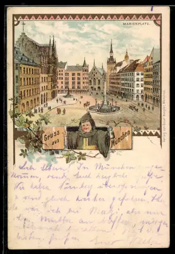 Lithographie München, Marienplatz aus der Vogelschau, Münchner Kindl mit Bierkrug