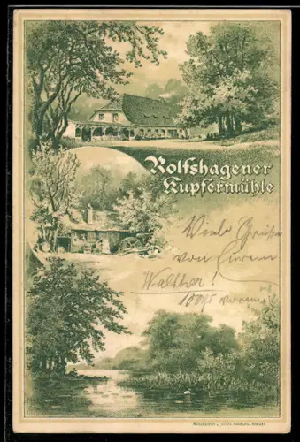 Lithographie Tremsbüttel, Gasthaus Rolfshagener Kupfermühle, Flusspartie