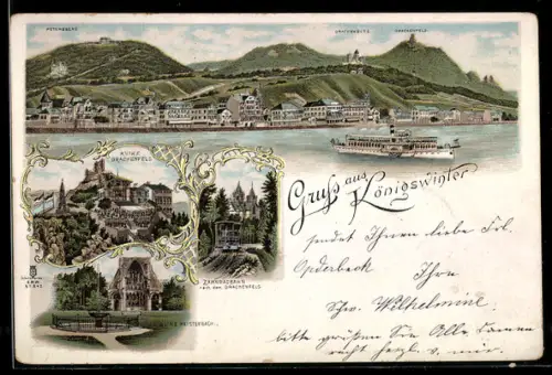 Lithographie Königswinter, Petersburg, Ruine Drachenfels, Zahnradbahn, Ruine Heisterbach