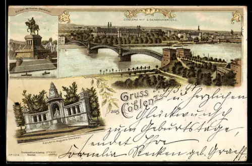 Lithographie Coblenz, Ortsansicht mit Eisenbahnbrücke, Kaiser-Wilhelm-Denkmal, Kaaiserin Auguste-Denkmal