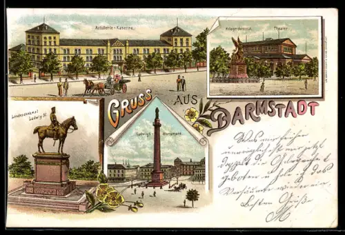 Lithographie Darmstadt, Artillerie-Kaserne, Kriegerdenkmal und Theater, Ludwigs-Monument, Landesdenkmal Ludwig IV.
