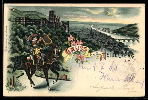 Lithographie Heidelberg / Neckar, Gesamtansicht mit Schloss