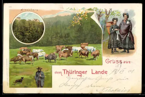 Lithographie Inselsberg, Kuhhirte und Thüringerinnen in Tracht