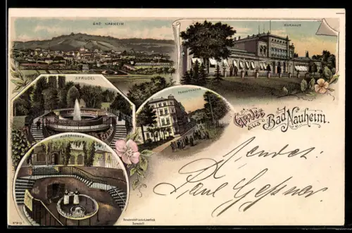 Lithographie Bad Nauheim, Kurhaus, Sprudel, Parkstrasse, Kurbrunnen