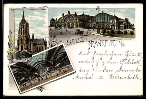 Lithographie Frankfurt a. M., Hauptbahnhof, Bahnhof Inneres, Dom