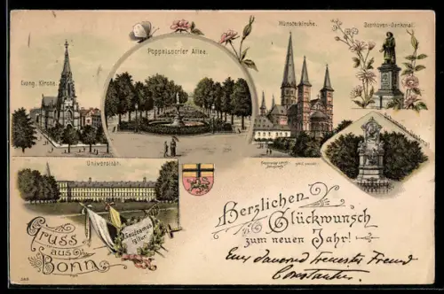 Lithographie Bonn, Evang. Kirche, Poppelsdorfer Allee, Universität