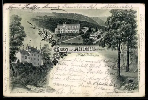 Lithographie Altenberg, Hotel Keller, Strauweiler, Partie an den Weihern