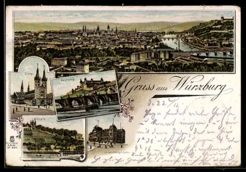 Lithographie Würzburg, Ortspanorama, Festung, Käppele