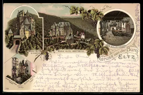 Lithographie Münstermaifeld, Eltz Burg, 4 Ansichten mit Wein