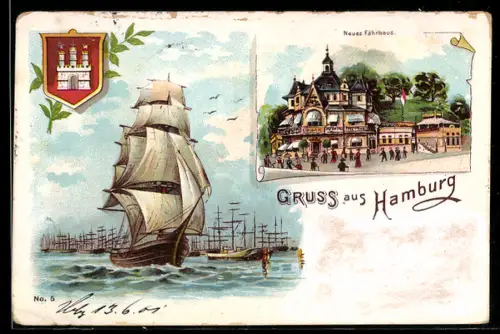 Lithographie Hamburg, St. Pauli Fährhaus, Segelschiffe im Hafen, Wappen