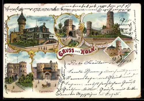 Lithographie Köln, Café-Restaurant Ulrepforte, Severinthor, Hahnenthor, Eigelsteinthor u. Bayernthor