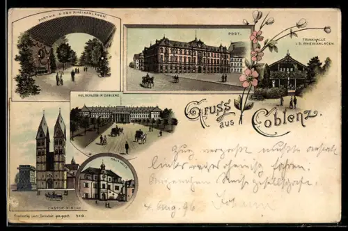 Lithographie Coblenz, Post, Parthie in den Rheinanlagen, Post, Kgl. Schloss, Castor-Kirche, Kaufhaus