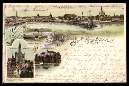 Lithographie Konstanz, Teilansicht, Münster Schloss Mainau, Bodensee Dampfer