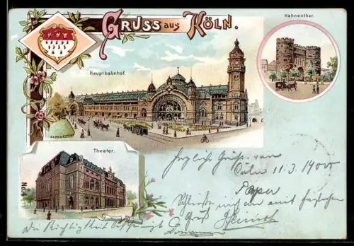 Lithographie Köln, Hahnenthor, Theater, Hauptbahnhof