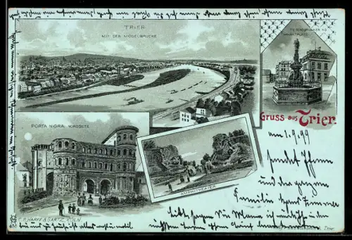 Mondschein-Lithographie Trier, Porta Nigra, Amphitheater, Petersbrunnen auf dem Marktplatz, Ortsansicht