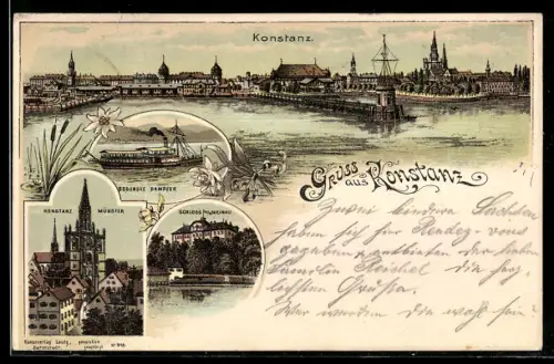 Lithographie Konstanz, Münster, Schloss Meinau, Bodenseedampfer