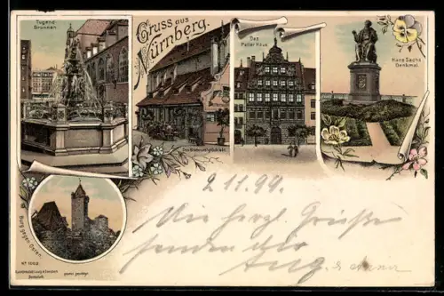 Lithographie Nürnberg, Das Peller Haus, Hans Sachs Denkmal, Tugend-Brunnen
