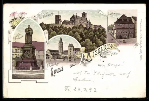 Lithographie Eisenach, Die Wartburg, Luther-Denkmal, Nikolaithor