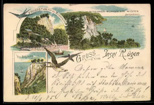 Lithographie Sassnitz, Königsstuhl mit der Fischerhütte, Schlucht, Wisower-Klinken