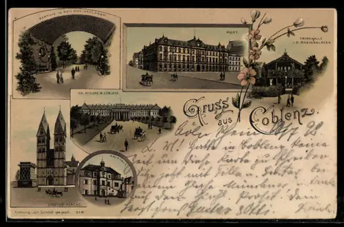 Lithographie Coblenz, Post, Parthie in den Rheinanlagen, Post, Kgl. Schloss, Castor-Kirche, Kaufhaus