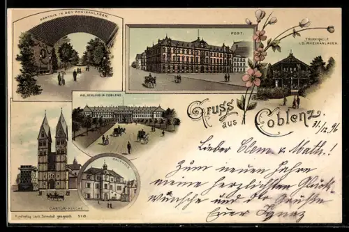 Lithographie Coblenz, Post, Parthie in den Rheinanlagen, Post, Kgl. Schloss, Castor-Kirche, Kaufhaus