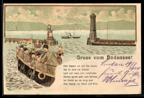 Lithographie Lindau / Bodensee, Hafeneinfahrt