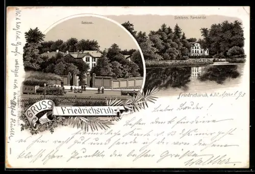 Vorläufer-Lithographie Friedrichsruh, 1893, Schloss, Schloss von der Parkseite gesehen