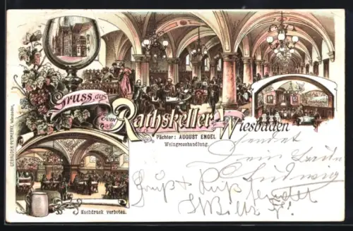 Lithographie Wiesbaden, Rathskeller, Innenansichten, Wein, Pächter August Engel