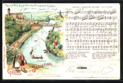 Lithographie Halle / Saale, Partie an der Saale mit Burg Giebichenstein, Paar in Tracht, Lied aus  Ludwig der Springer