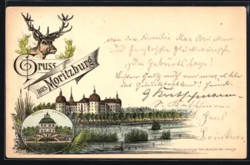 Lithographie Moritzburg, Fasanenschlösschen, Blick in den Ort