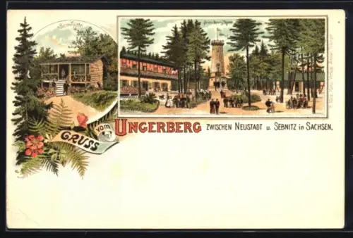 Lithographie Ungerberg, Gasthaus Sennhütte, Prinz Georg Thurm