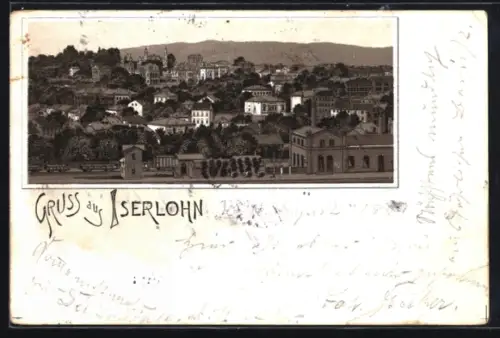 Vorläufer-Lithographie Iserlohn, 1891, Ortsansicht mit Bahnhof