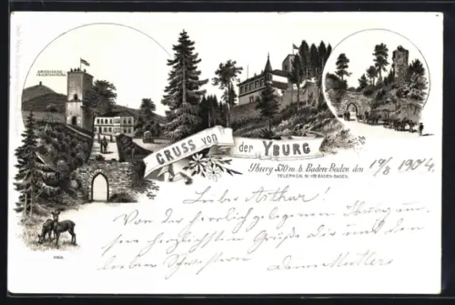 Lithographie Baden-Baden, Grossherzogl. Friedrichsthurm, Gasthaus zur Yburg