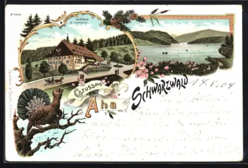 Lithographie Aha /Schwarzwald, Gasthaus zum Auerhahn, Seeblick