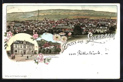 Lithographie Loerrach, Bezirksamt, Schloss Rötteln mit Röttlerweiher