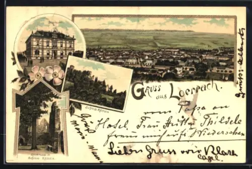 Lithographie Loerrach, Rittersaal in Schloss Rötteln, Gr. Bezirksamt und Blick auf den Ort