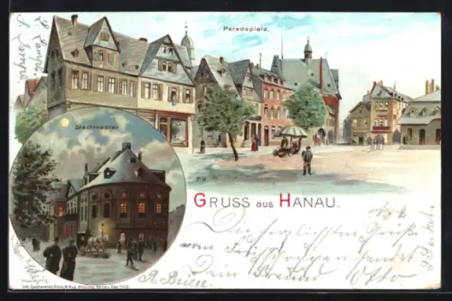 Lithographie Hanau, Stadttheater und Paradeplatz