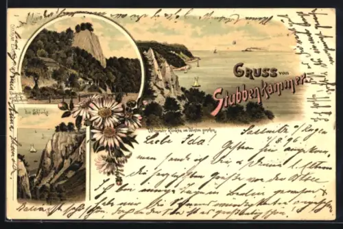 Lithographie Stubbenkammer, Königsstuhl mit Fischerhütte, Schlucht