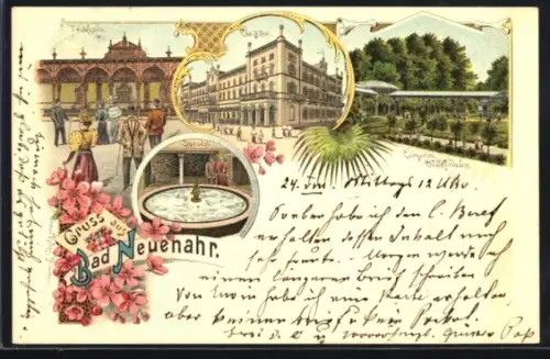 Lithographie Bad Neuenahr, Cur-Hotel, Wandelbahn, Trinkhalle und Sprudel