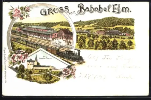 Lithographie Elm, Bahnhof Elm, Burg Brandenstein