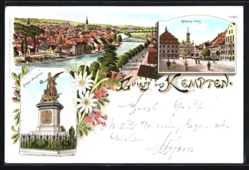 Lithographie Kempten, Krieger-Denkmal, Rathaus-Platz