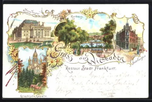 Lithographie Wiesbaden, Restaurant Stadt Frankfurt, Kurhaus, Neues Theater, Griechische Kapelle