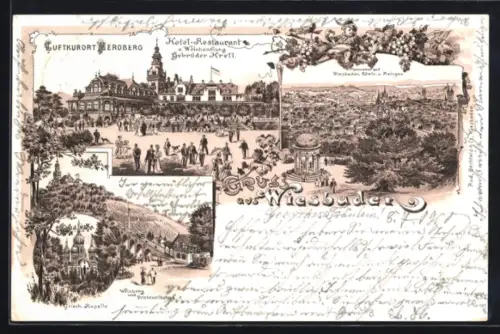 Lithographie Wiesbaden, Hotel-Restaurant u. Weinhandlung Gebrüder Krell, Griechische Kapelle, Weinberg und Drahtseilbahn