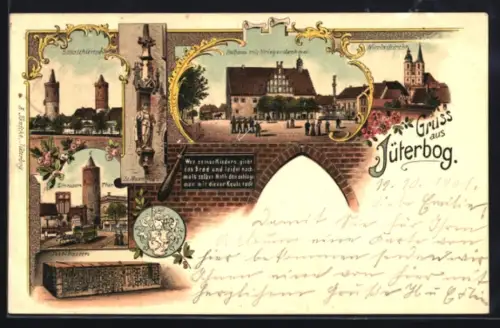 Lithographie Jüterbog, Rathaus mit Kriegerdenkmal, Stadttürme, Nicolaikirche
