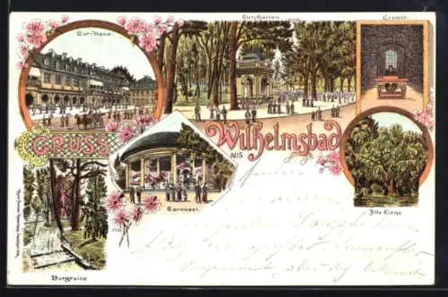 Lithographie Hanau, Kurhaus am Wilhelmsbad, Eremit., die alte Eiche, Burgruine